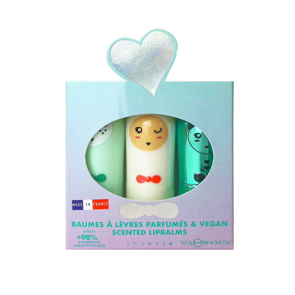 INUWET Baume à lèvres Coffret trio - seashell Bleu vert Pomme, barbe à papa et cupcake