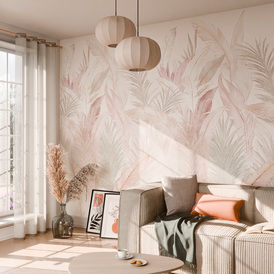 Salon au ton beige et rosé avec papier peint panoramique feuillage rose poudré