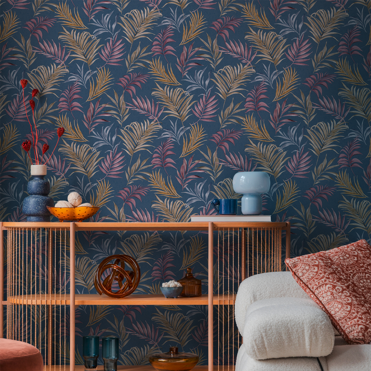 COSMOLIVING Papier peint intissé Midnight botanica Bleu nuit et prune Structuré