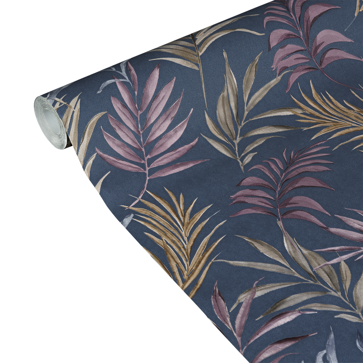 COSMOLIVING Papier peint intissé Midnight botanica Bleu nuit et prune Structuré