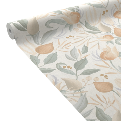 COSMOLIVING Papier peint intissé Still bloom Vert de gris et rose orangé