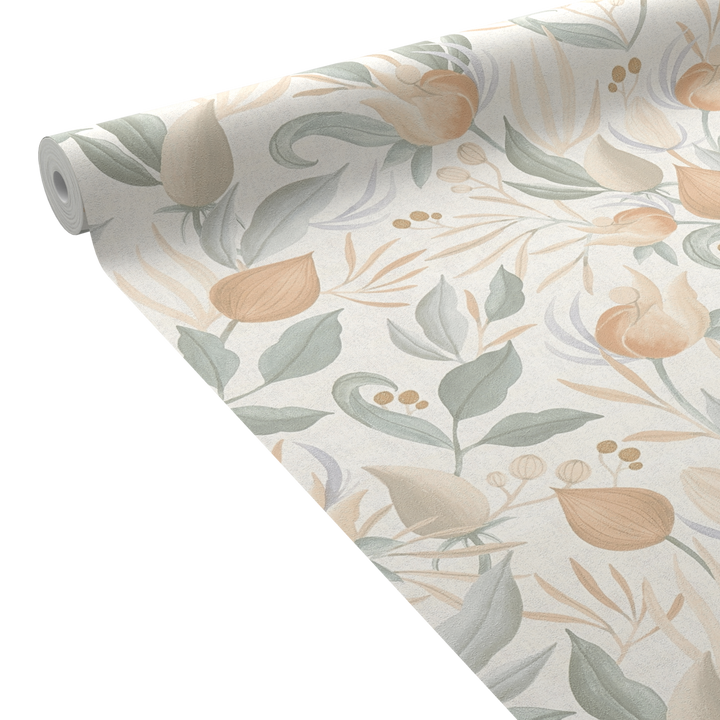 COSMOLIVING Papier peint intissé Still bloom Vert de gris et rose orangé