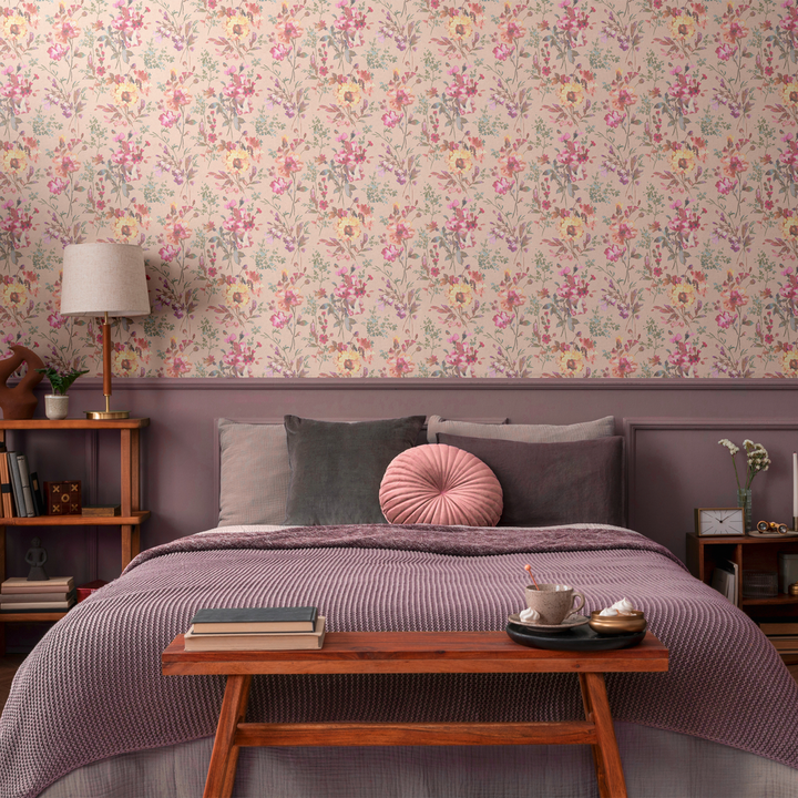 COSMOLIVING Papier peint intissé Petal poetry Rose nude, lilas et rose vif Trame