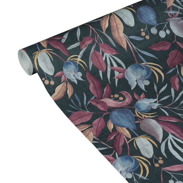 COSMOLIVING Papier peint intissé Still bloom Noir bleuté et prune Structuré