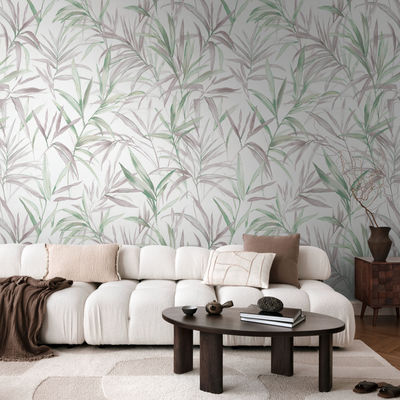 COSMOLIVING Papier peint panoramique L Cecilia Gris perle et vert feuille Satiné