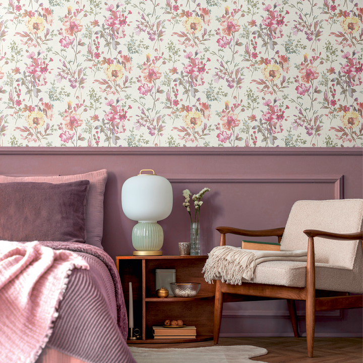 COSMOLIVING Papier peint intissé Petal poetry Blanc et rose vif Trame