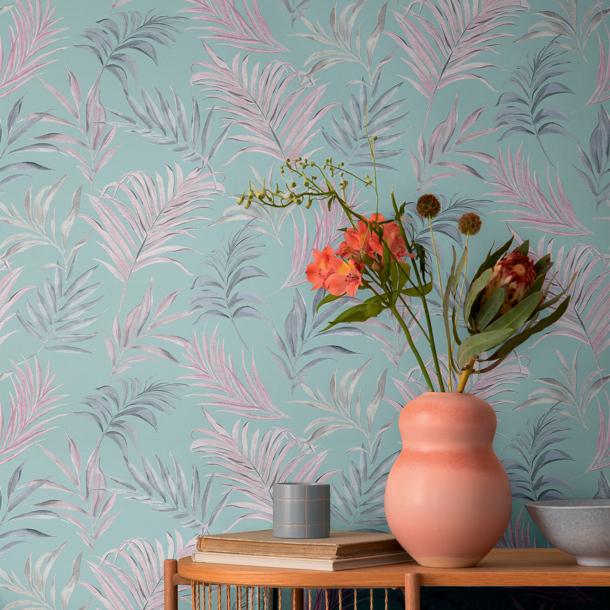 COSMOLIVING Papier peint intissé Midnight botanica Bleu azurin et mauve clair Structuré