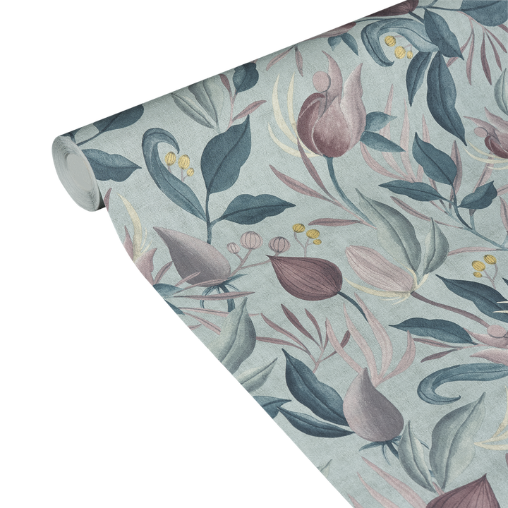 COSMOLIVING Papier peint intissé Still bloom Bleu océan et rose parme Structuré