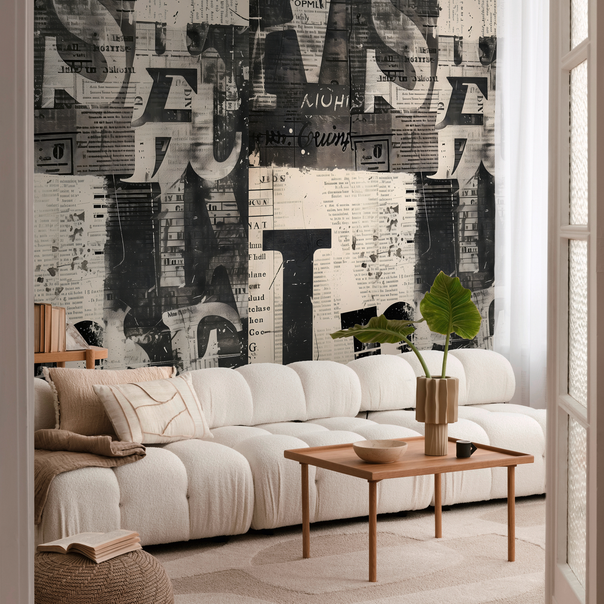 COSMOLIVING Papier peint panoramique L Newspaper Gris perle et noir Satiné