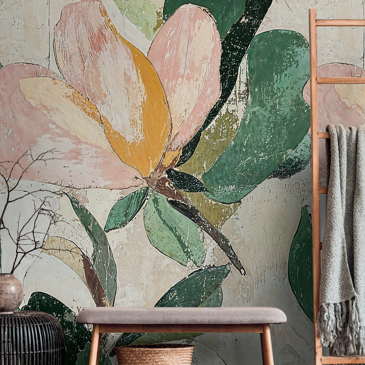 COSMOLIVING Papier peint panoramique L Lush blossom Rose poudré et vert feuille Satiné