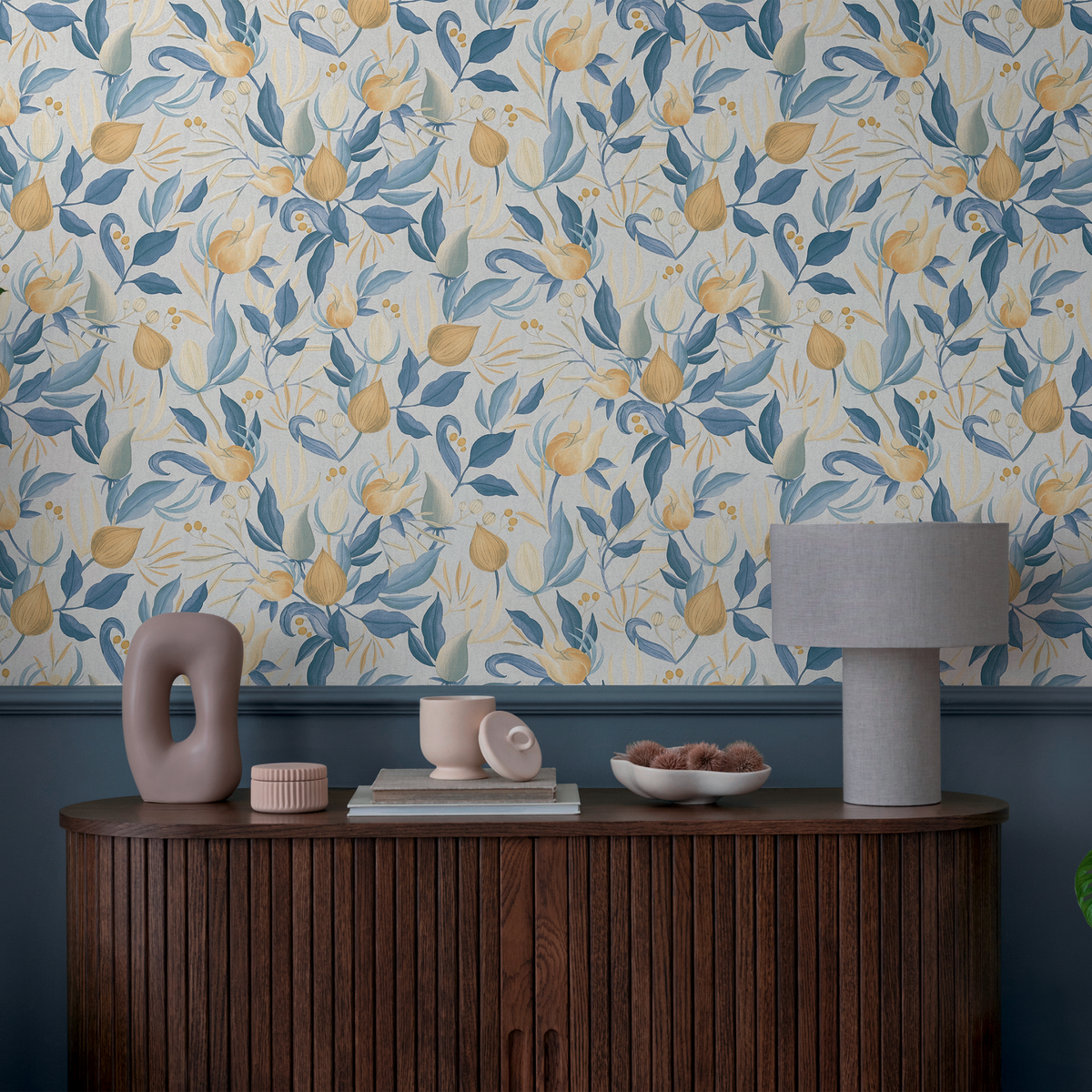 COSMOLIVING Papier peint intissé Still bloom Bleu pétrole et ocre Structuré