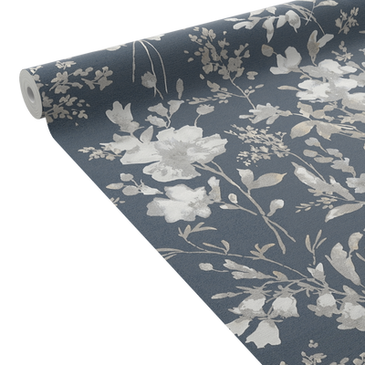COSMOLIVING Papier peint intissé Petal poetry Bleu nuit et argenté