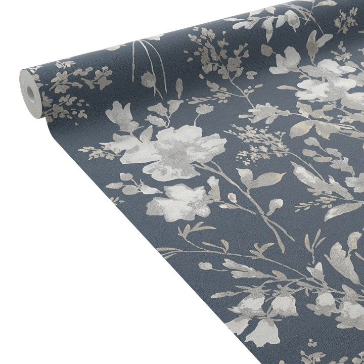 COSMOLIVING Papier peint intissé Petal poetry Bleu nuit et argenté