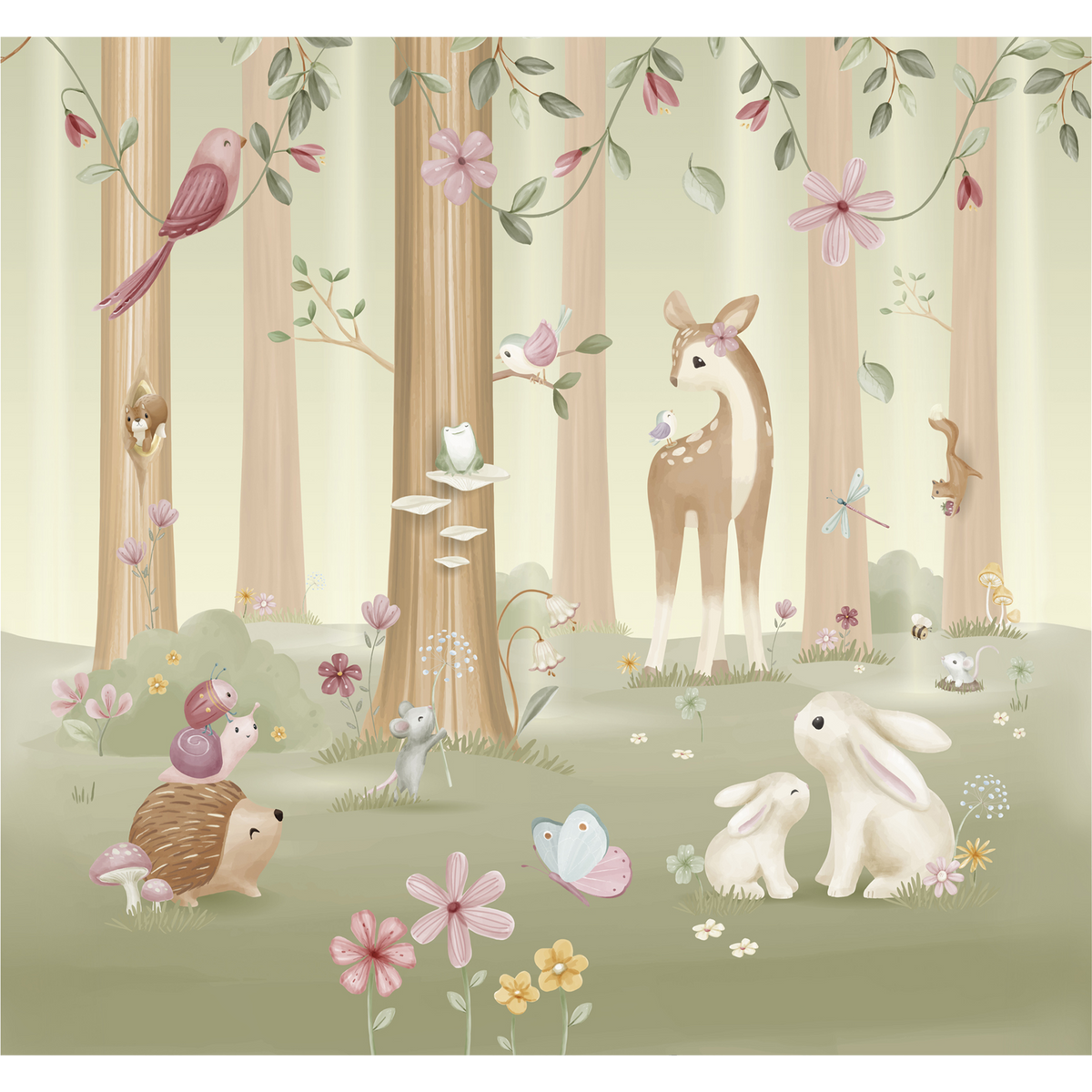 LITTLE DUTCH Papier peint panoramique XL Fairy garden Kaki clair et rose pétale Mat