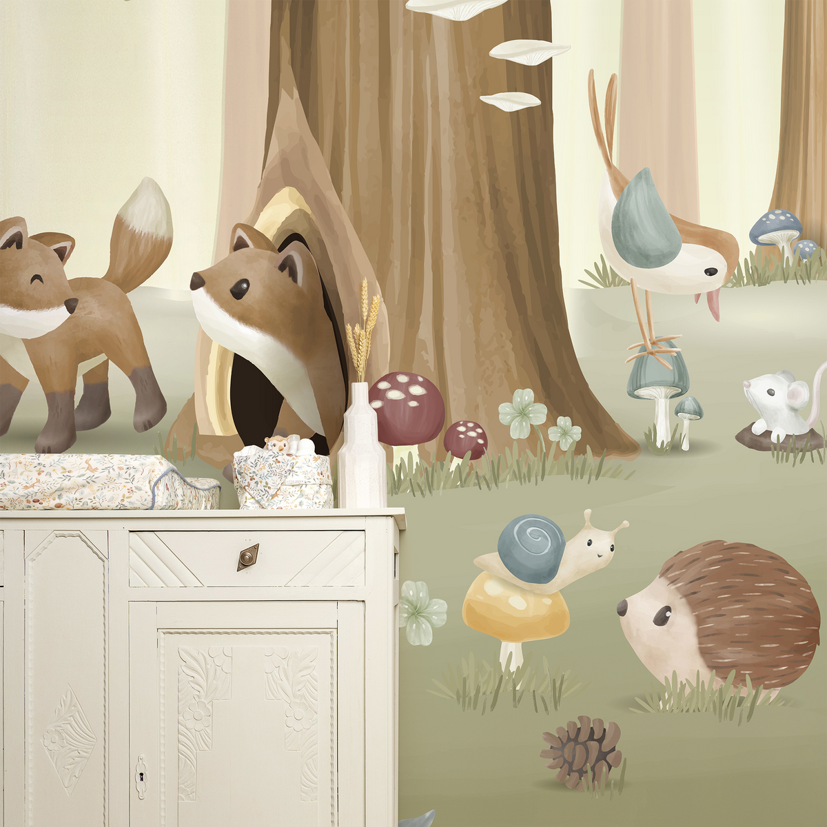 LITTLE DUTCH Papier peint panoramique XL Forest friends Kaki clair Mat