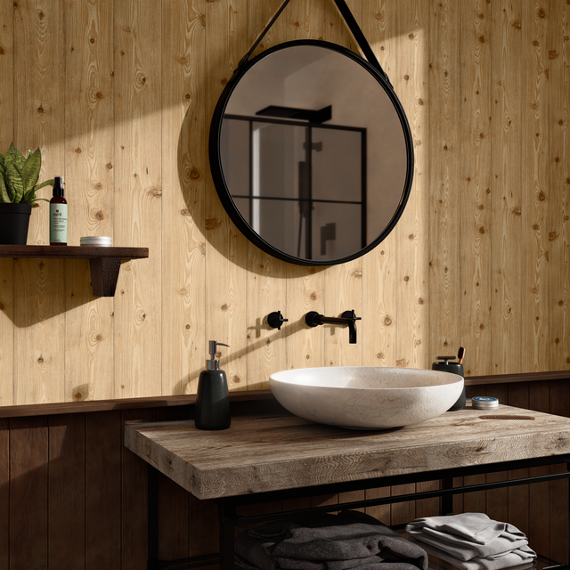 Salle de bain naturelle en bois et miroir rond