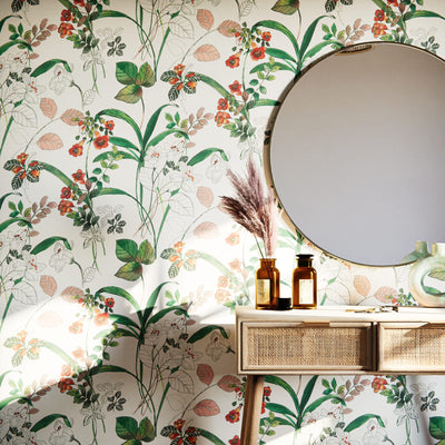 Papier peint intissé Dayana Vert feuille et rouge orangé