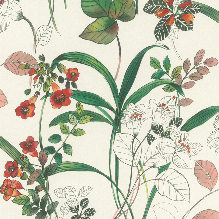 Papier peint intissé Dayana Vert feuille et rouge orangé