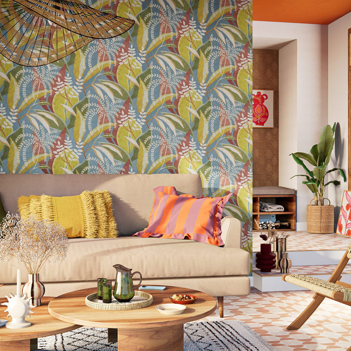 Papier peint intissé Floresta Bleu, vert et terracotta