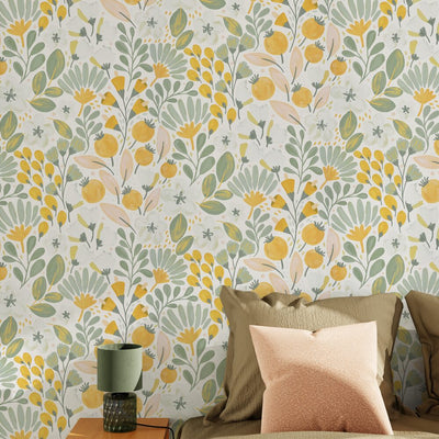 Papier peint intissé Safia Jaune citron et vert-de-gris