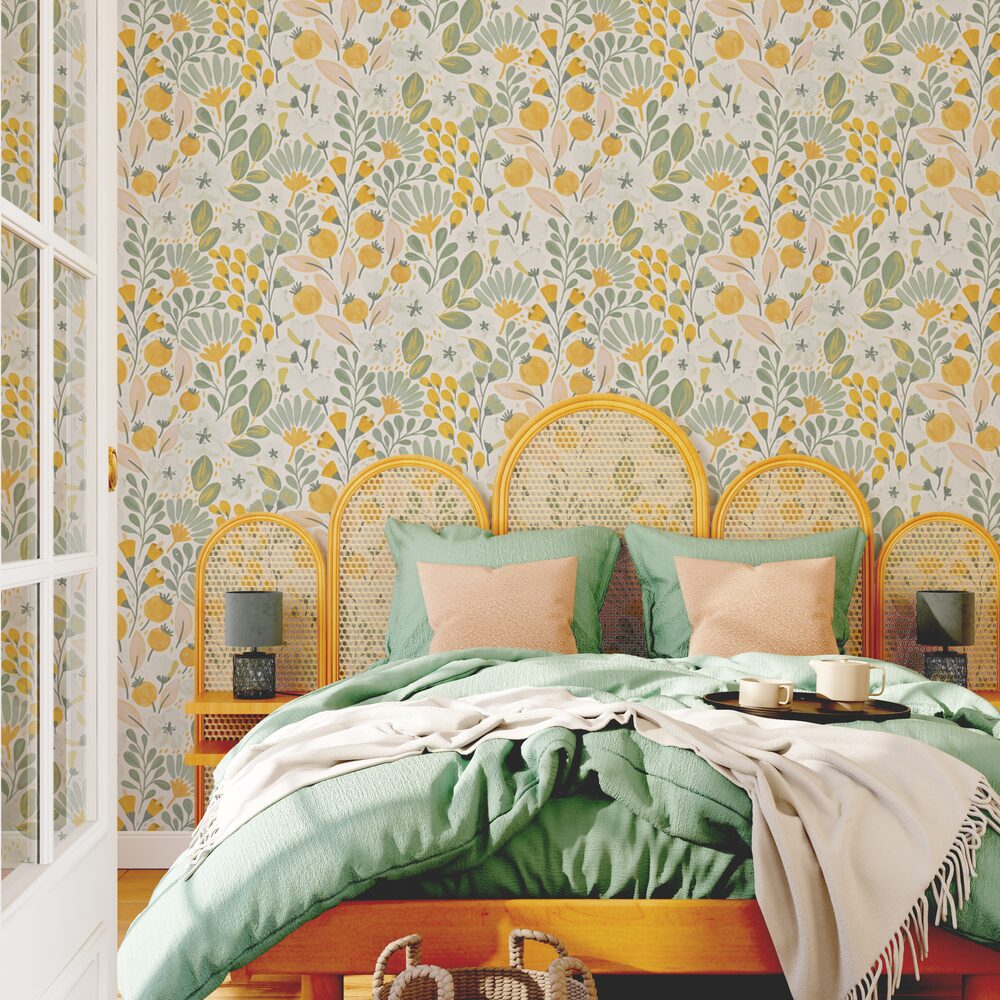Papier peint intissé Safia Jaune citron et vert-de-gris