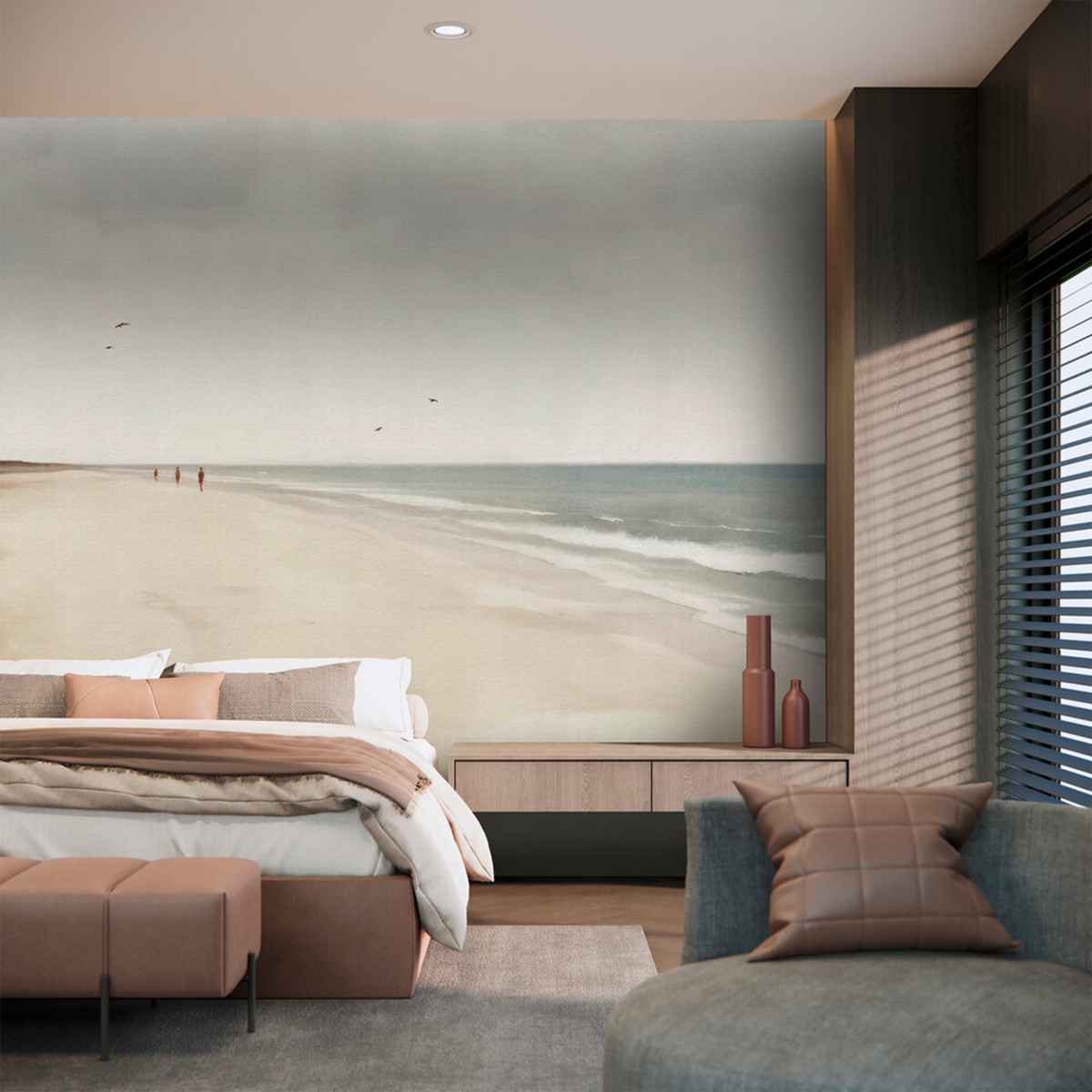 Papier peint panoramique XL Arcachon Sable beige et bleu grisé Satiné