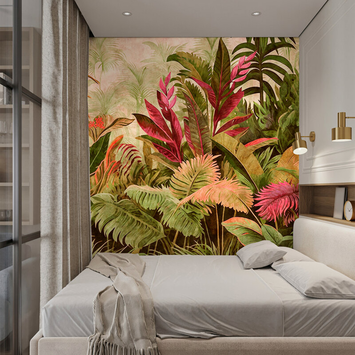 Papier peint panoramique XL Edenia Vert feuille et fuchsia Satiné