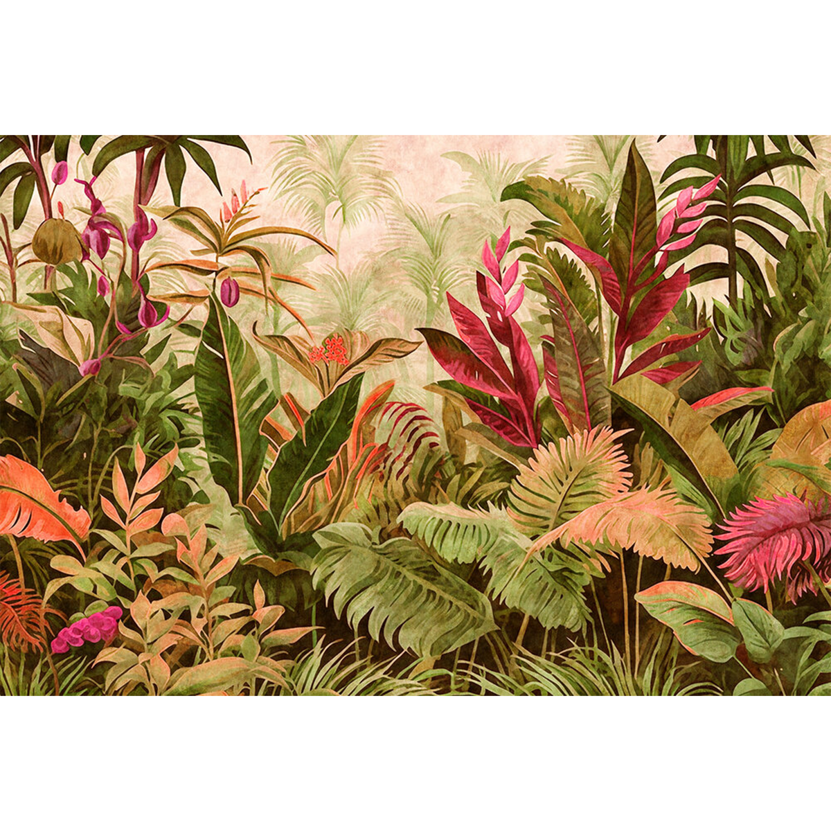 Papier peint panoramique XL Edenia Vert feuille et fuchsia Satiné