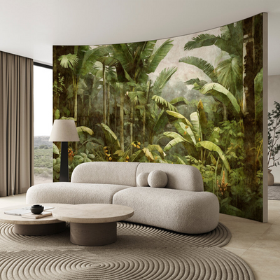 Papier peint panoramique XL Platorico Vert feuille et jaune doux Satiné