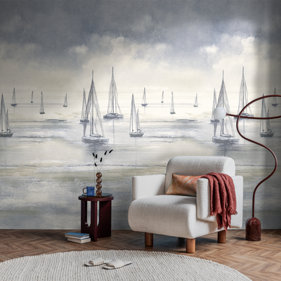 Papier peint panoramique L Houlgate Bleu clair grisé Satiné