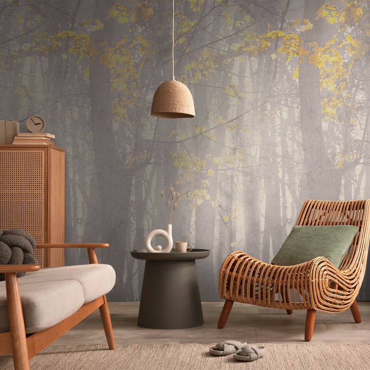 Papier peint panoramique L Hamra Gris clair et jaune paille Satiné