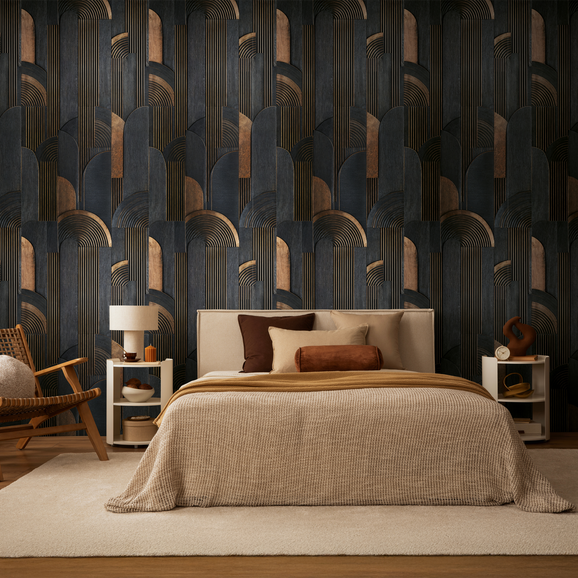 Chambre au papier peint art déco noir et mordoré