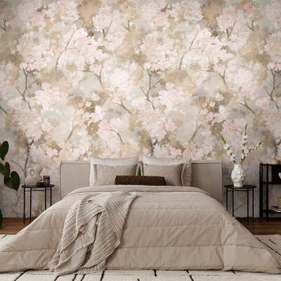 Papier peint panoramique L Bocciolo Beige et rose poudré Satiné