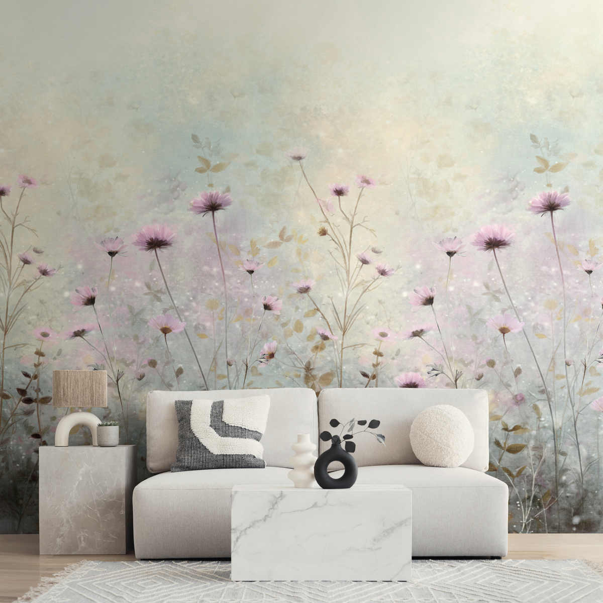 Papier peint panoramique L Zelia Vert d'eau et lilas poudré Satiné