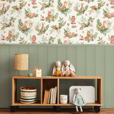 HOLDEN DECOR Papier peint Forest friends Écru et vert feuille Mat