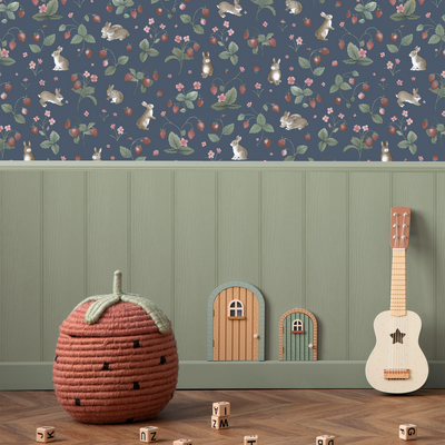 HOLDEN DECOR Papier peint Bunnies & berries Bleu marine Mat