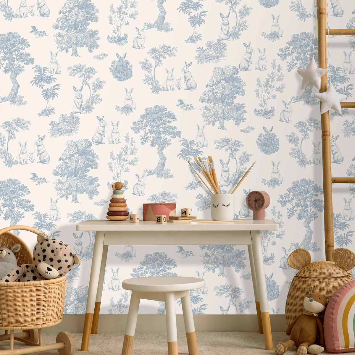 Papier peint intissé Lapinou Bleu doux et écru Mat