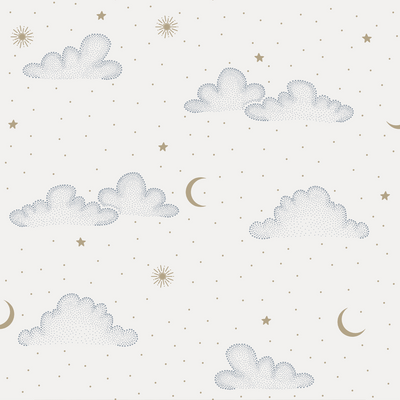 Papier peint intissé Raphaël Blanc doux, bleu ciel et doré Métallisé