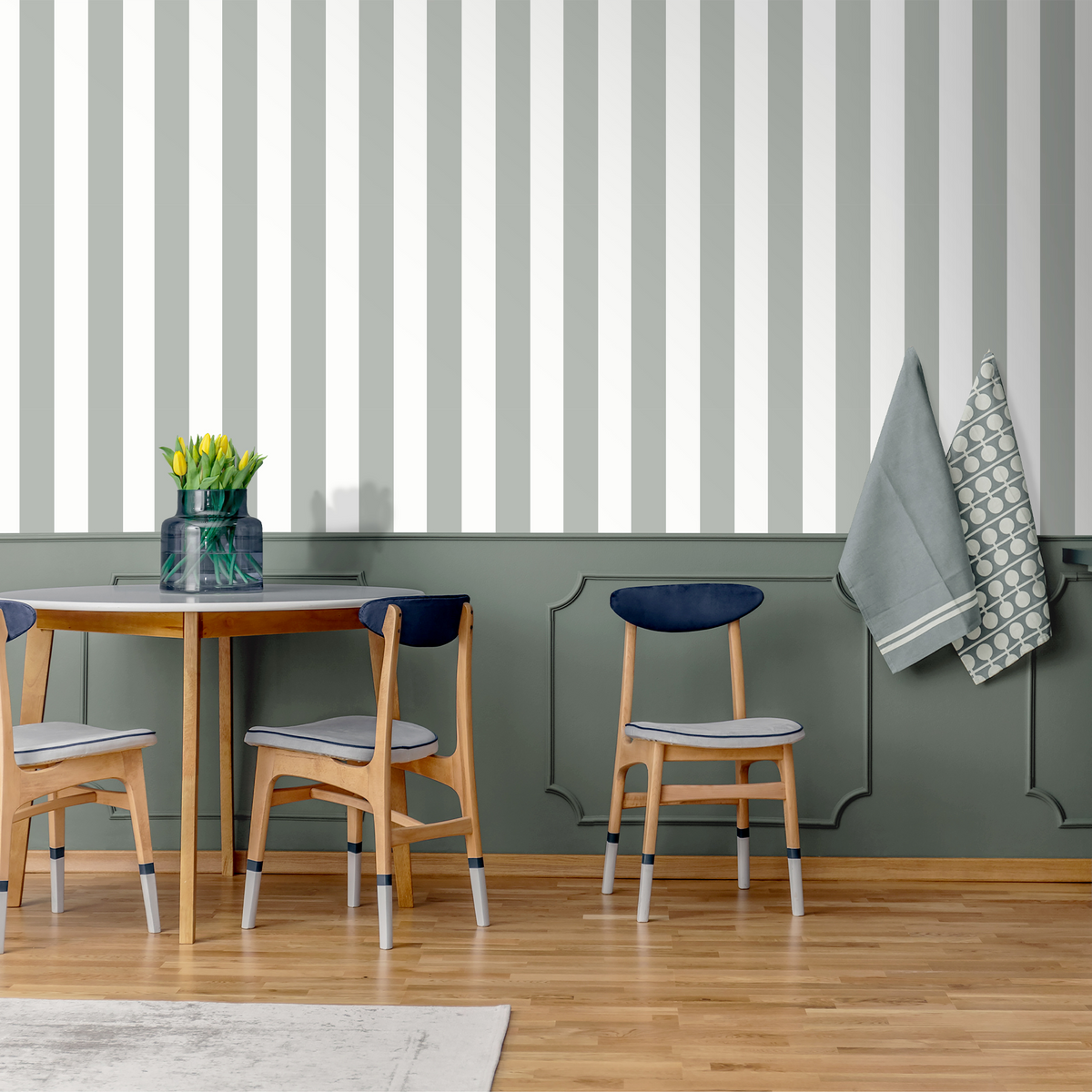 Papier peint intissé Victor Vert-de-gris et blanc Mat