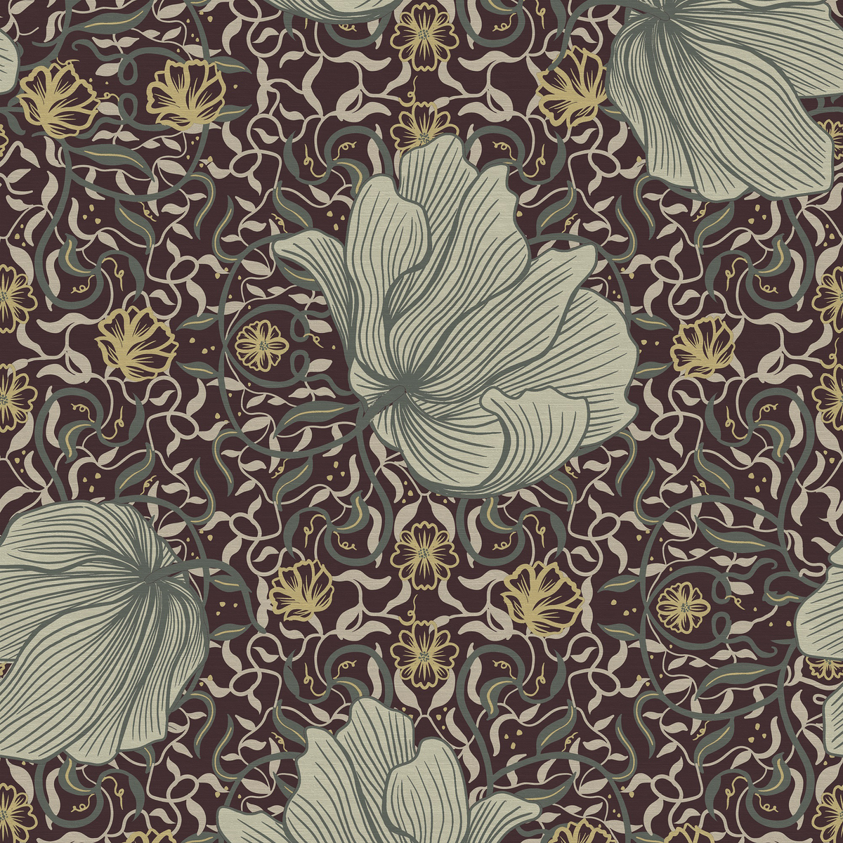 Papier peint intissé Hermione Cerise noire et vert-de-gris Satiné
