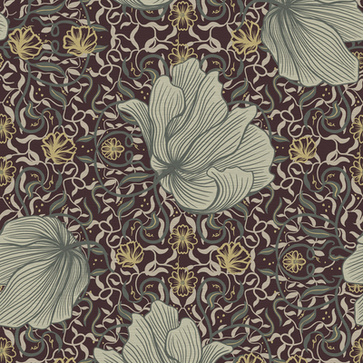 Papier peint intissé Hermione Cerise noire et vert-de-gris Satiné