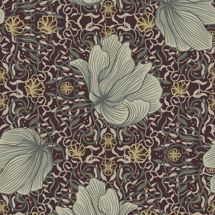 Papier peint intissé Hermione Cerise noire et vert-de-gris Satiné