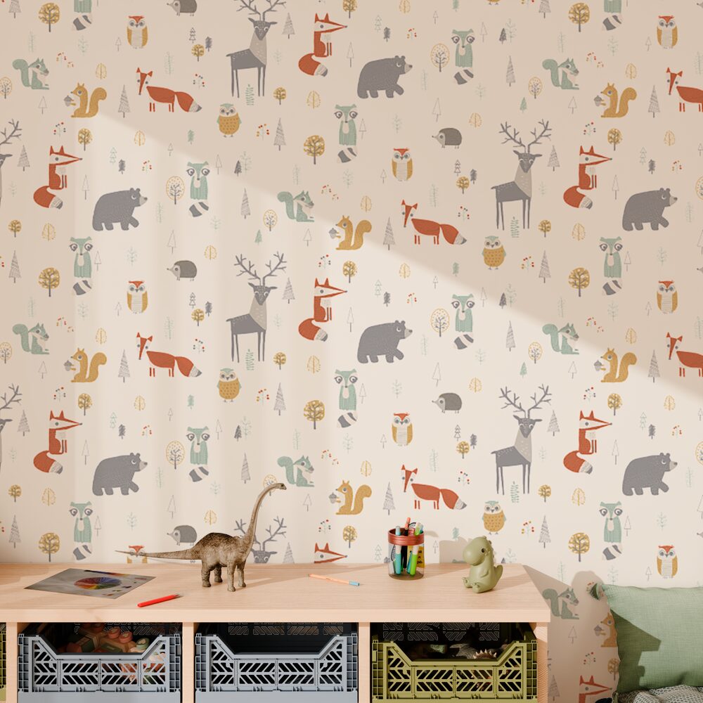 Papier peint intissé Fox & bears Bleu aqua et orange brûlée Mat