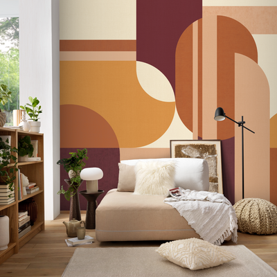 Papier peint panoramique XL Luisa Orange, beige et aubergine Mat