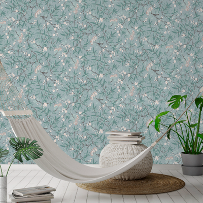 Papier peint intissé Labelia Bleu opal et rose poudré Mat