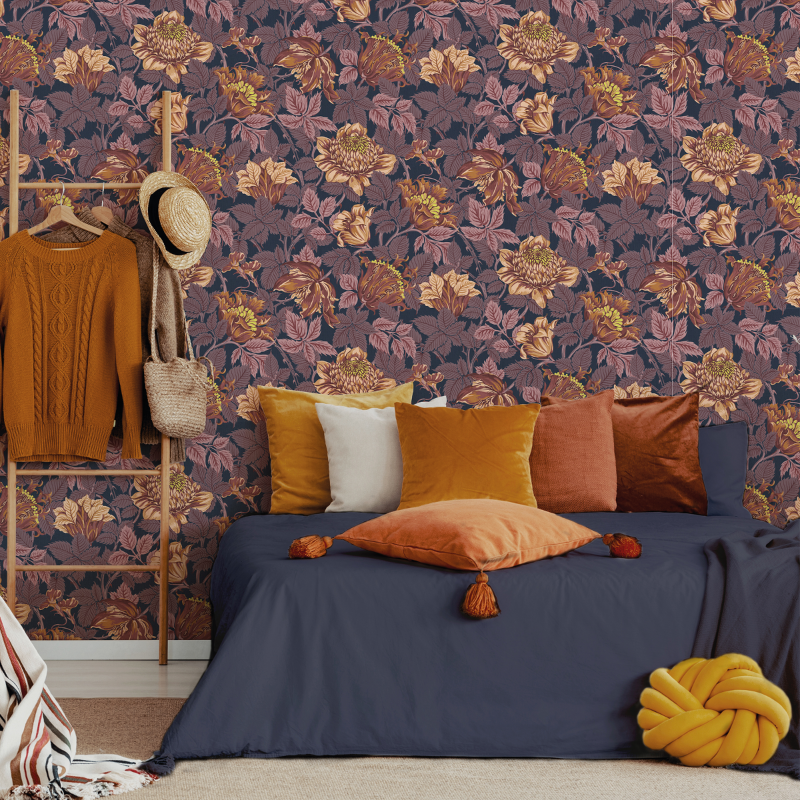 Papier peint intissé Kayleen Bleu nuit, violet et terracotta