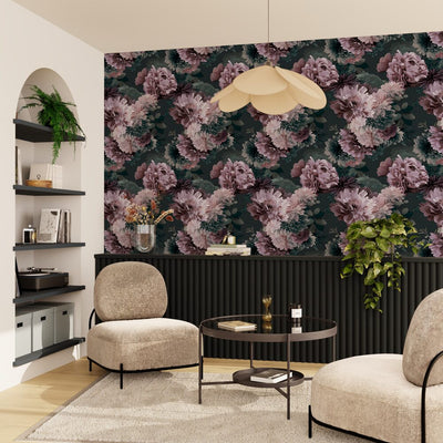 Papier peint Midnight bloom Rose poudré, prune, vert profond Mat