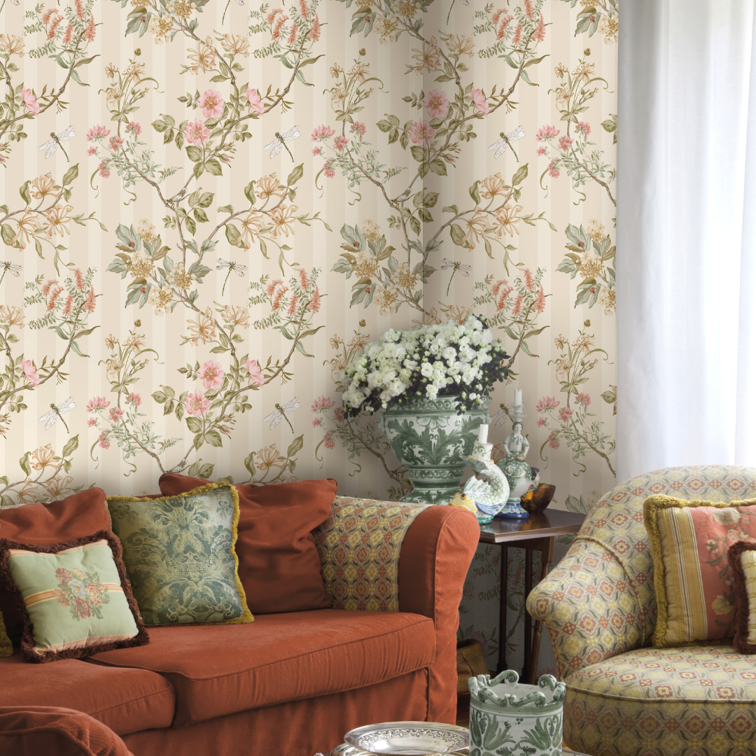 HOLDEN DECOR Papier peint intissé Camberley Beige lin, écru, rose poudré, rose corail, vert sauge Mat
