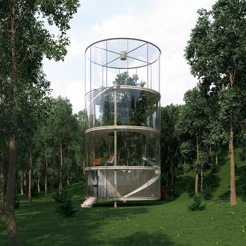 Bâtiment cylindrique entièrement vitré, construit autour d'un arbre