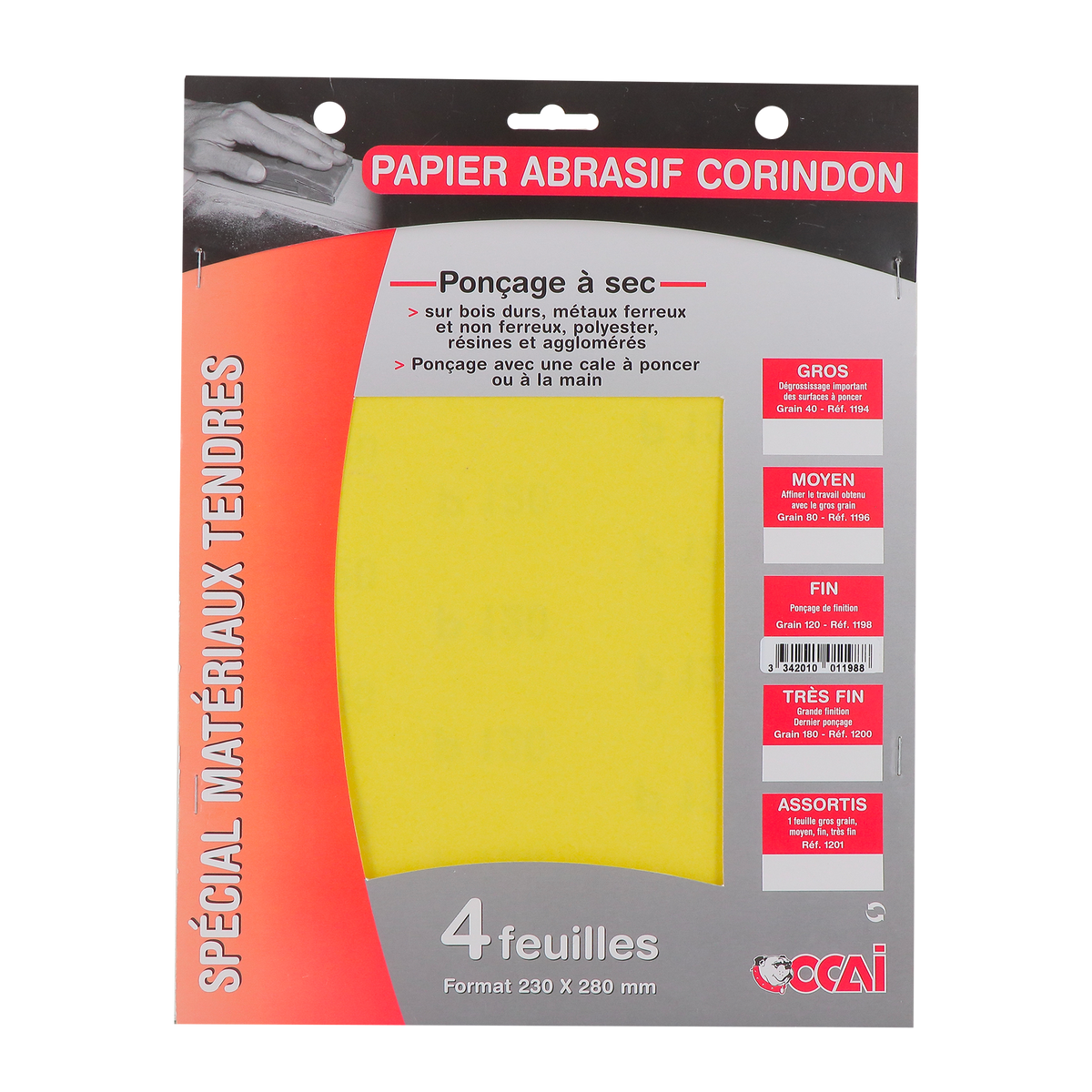 OCAI Lot de 4 feuilles abrasives grain fin 